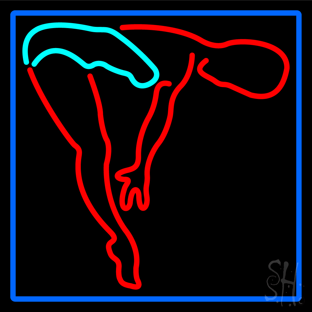 Girl Posing For Jumping In Swimming Pool with Blue Border Clear Backing Neon Sign - Red, Turquoise & Blue - 24 in. Tall x 24 in. Wide