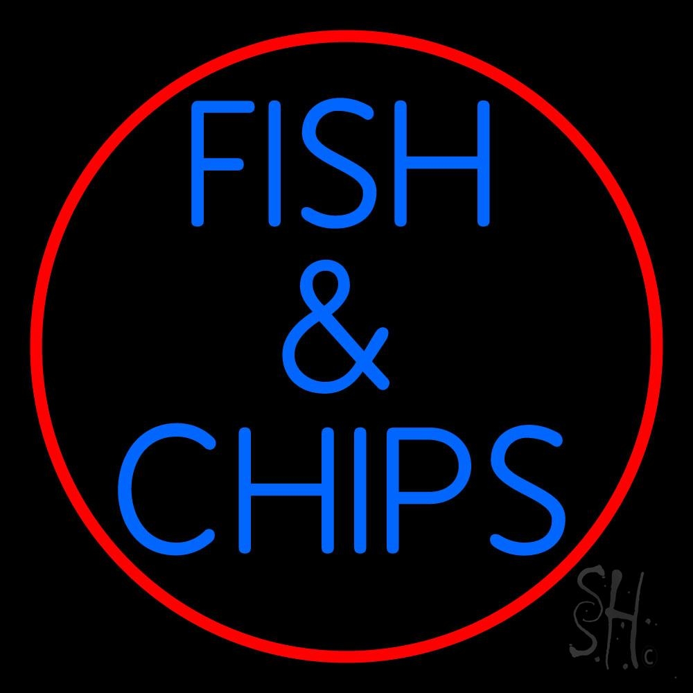 N105-1139-clear Round Fish & Chips Clear Backing Neon Sign - Red & Blue - 24 in. Tall x 24 in. Wide