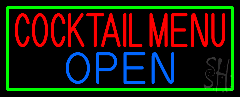 N105-15176-clear Cocktail Menu Open with Green Border Clear Backing Neon Sign - Green, Red & Blue - 13 in. Tall x 32 in. Wide