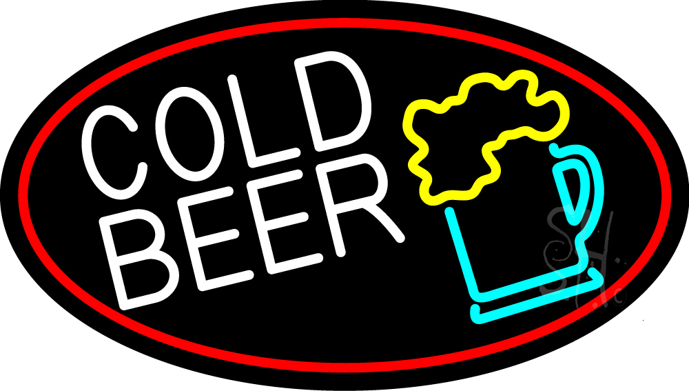 Cold Beer & Beer Mug Oval with Red Border Clear Backing Neon Sign - Red, White, Yellow & Turquoise - 17 in. Tall x 30 in. Wide
