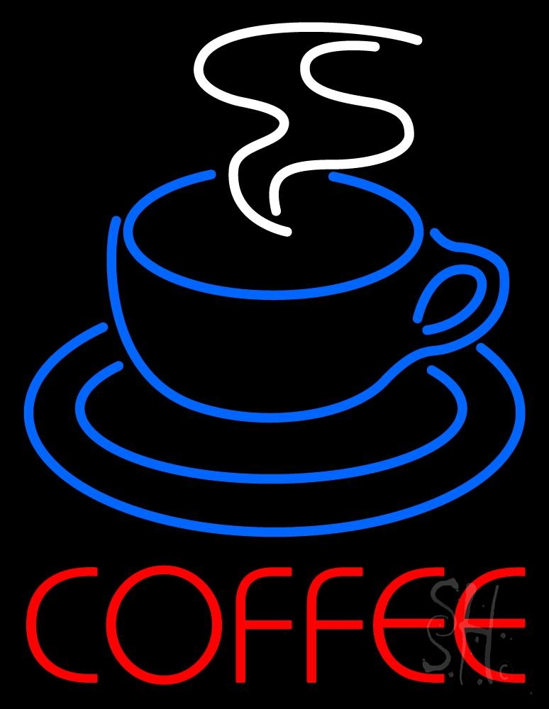 N105-1521-clear Red Coffee with Cup Clear Backing Neon Sign - White, Red & Blue - 24 in. Tall x 31 in. Wide