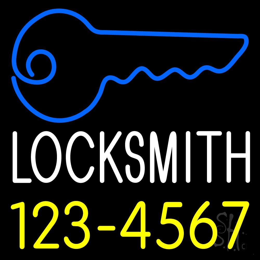 N105-2776-clear Locksmith Key Logo with Number 1 Clear Backing Neon Sign - Blue, Yellow & White - 24 in. Tall x 24 in. Wide