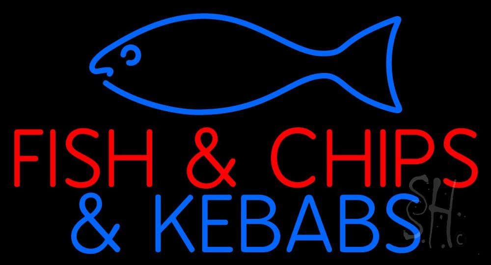 N105-2853-clear Fish & Chips N Kebabs Clear Backing Neon Sign - Blue, Red & Green - 20 in. Tall x 37 in. Wide