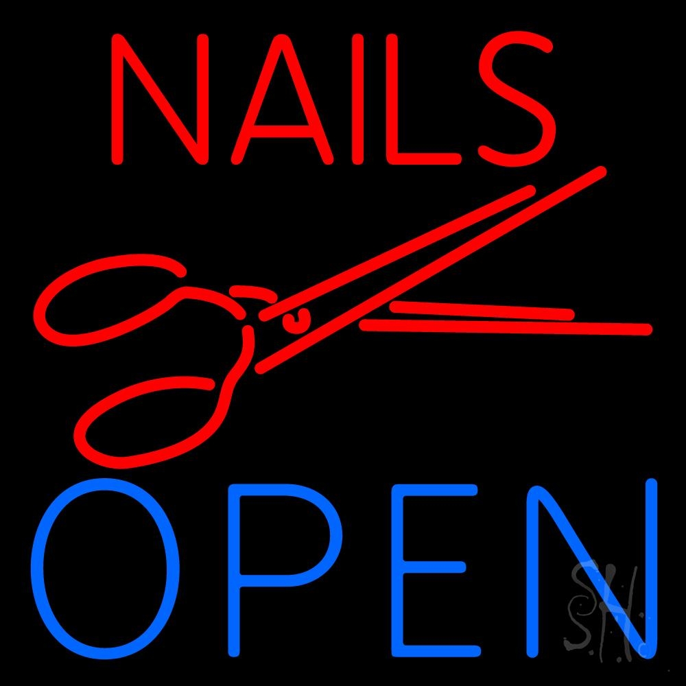 N105-1800-clear Nails Open with Scissors Clear Backing Neon Sign - Red & Blue - 24 in. Tall x 24 in. Wide