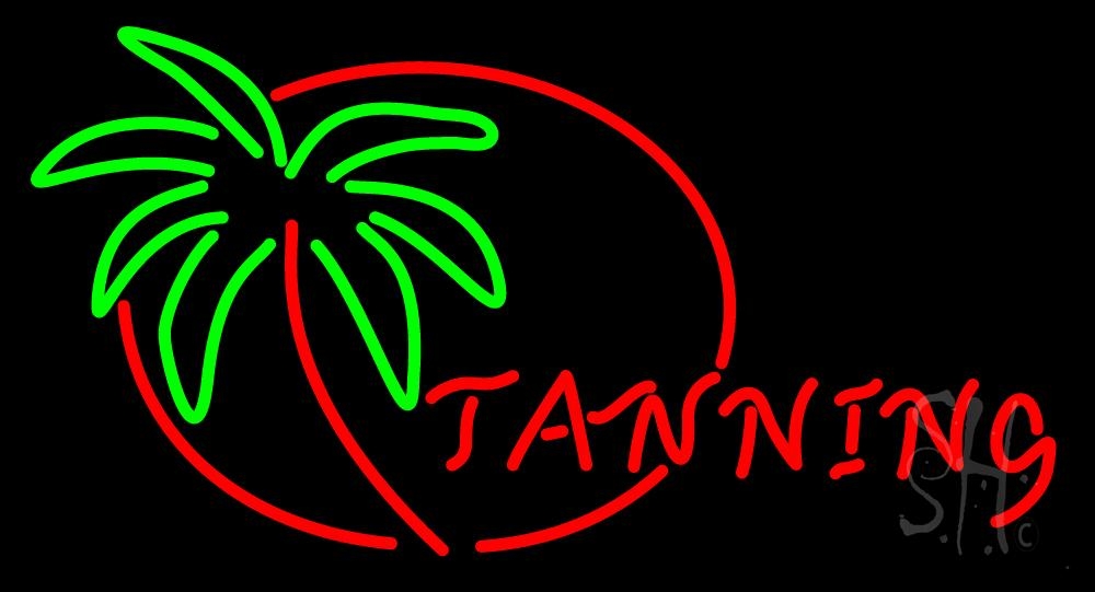 N105-1821-clear Red Tanning with Palm Tree Clear Backing Neon Sign - Red & Green - 20 in. Tall x 37 in. Wide