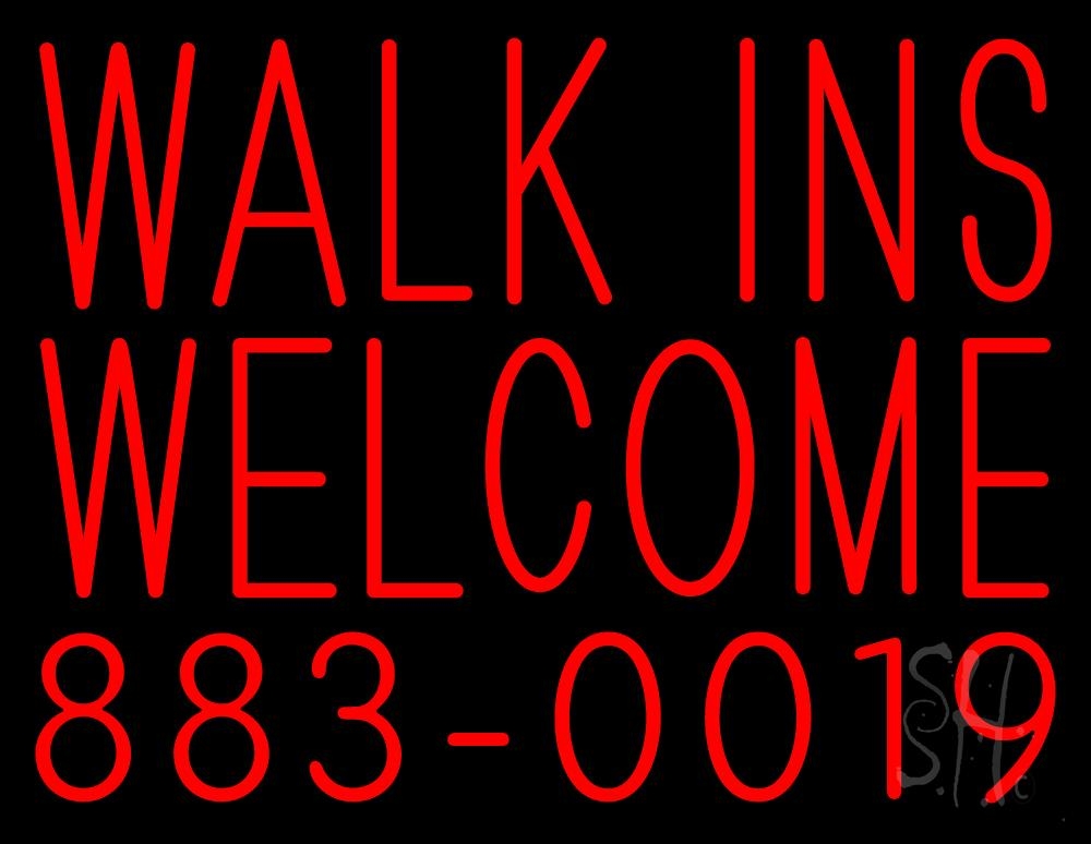 N105-1824-clear Red Walk Ins Welcome with Phone Number Clear Backing Neon Sign - 24 in. Tall x 31 in. Wide