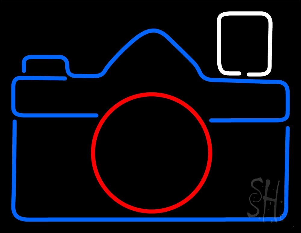 Blue Camera Clear Backing Neon Sign - Red, Blue & White - 24 in. Tall x 31 in. Wide