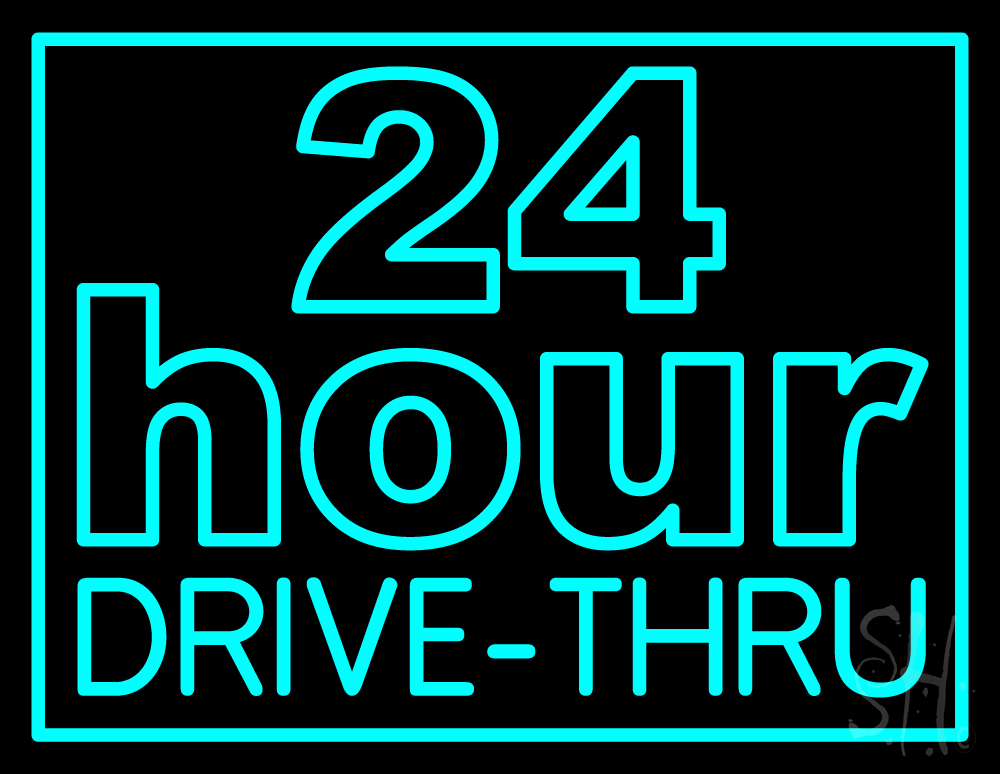 N105-1012-clear 24 Hours Double Stroke Drive Thru Clear Backing Neon Sign - Turquoise - 24 in. Tall x 31 in. Wide