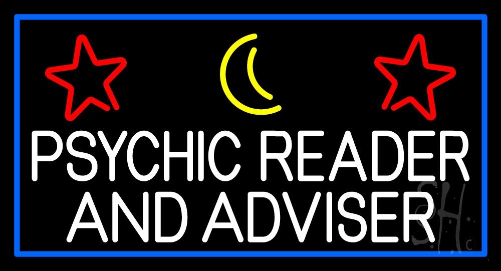 White Psychic Reader & Advisor with Blue Border Clear Backing Neon Sign - Red, White, Blue & Yellow - 20 in. Tall x 37 in. Wide