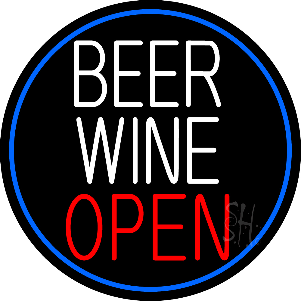 Beer Wine Open Oval with Blue Border Clear Backing Neon Sign - Blue, White & Red - 26 in. Tall x 26 in. Wide