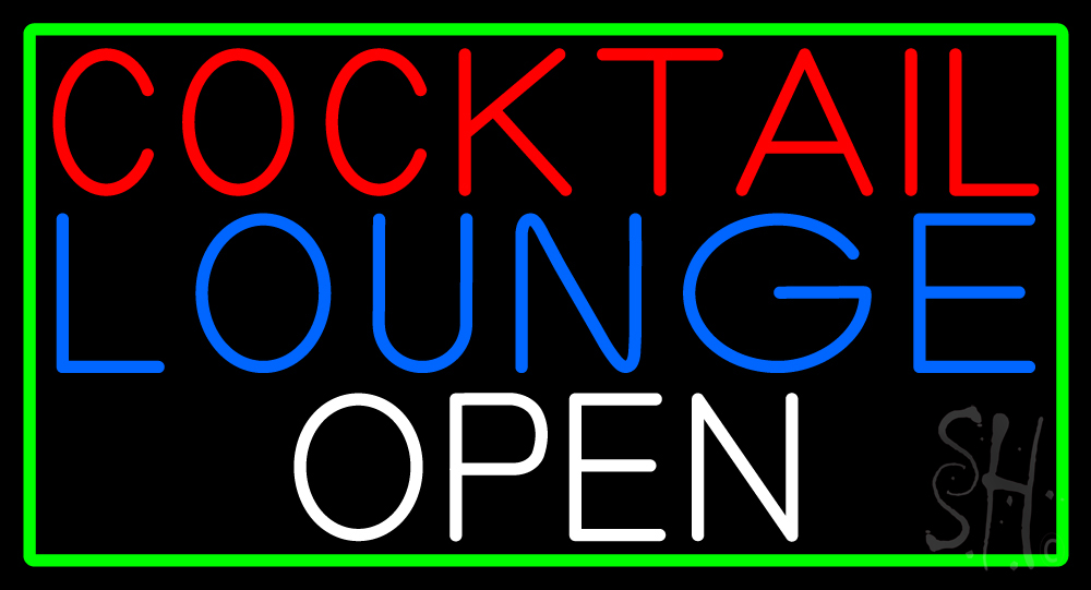 N105-15170-clear Cocktail Lounge Open with Green Border Clear Backing Neon Sign - Green, Red, Blue & White - 20 in. Tall x 37 in. Wide