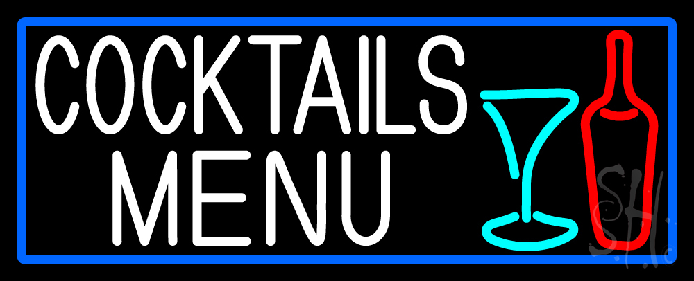 N105-15178-clear Cocktail Menu with Bottle & Glass 1 Clear Backing Neon Sign - Blue, White, Turquoise & Red - 13 in. Tall x 32 in. Wide