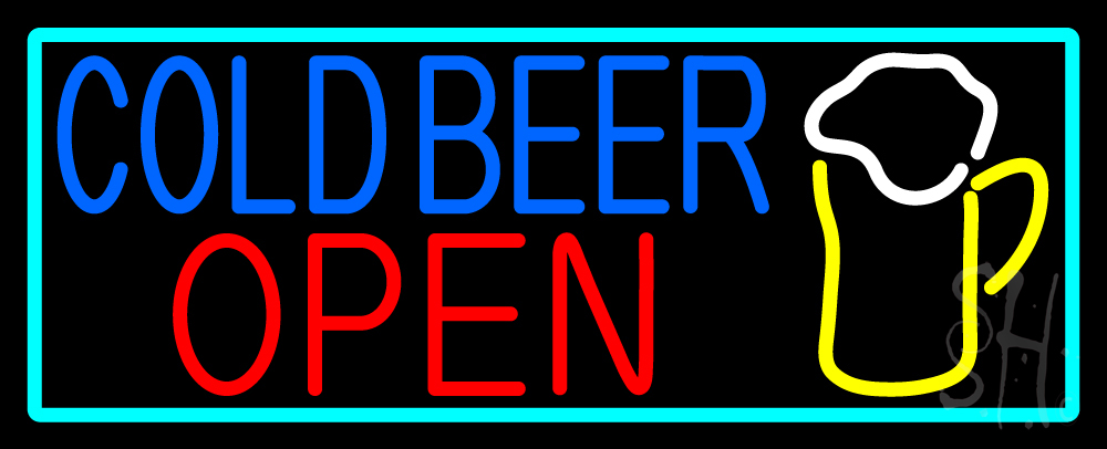 N105-15225-clear Cold Beer Open & Mug In Between with Turquoise Clear Backing Neon Sign - Multi Color - 13 in. Tall x 32 in. Wide