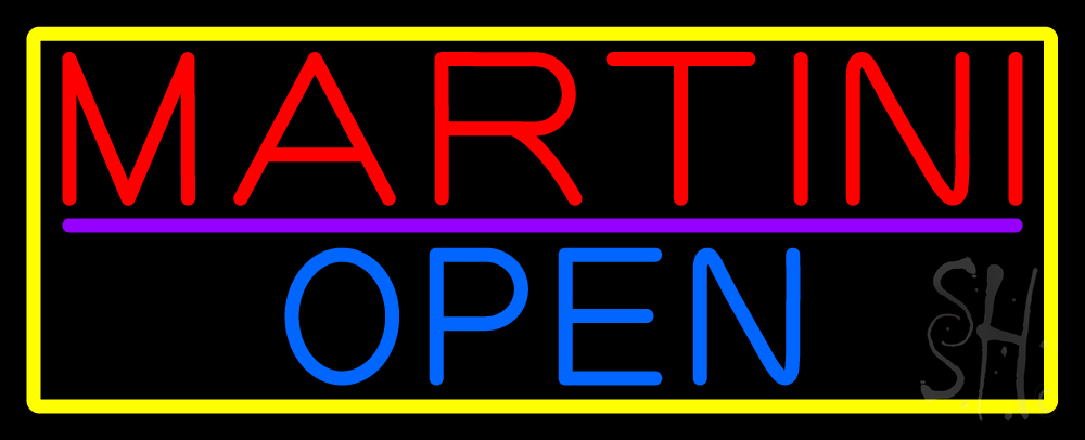 N105-16548-clear Martini Open with Yellow Border Clear Backing Neon Sign - Yellow, Red, Purple & Blue - 13 in. Tall x 32 in. Wide