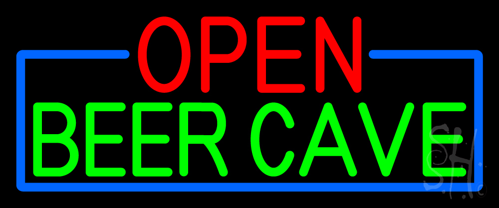 Open Beer Cave with Blue Border Clear Backing Neon Sign - Red, Green & Blue - 10 in. Tall x 24 in. Wide