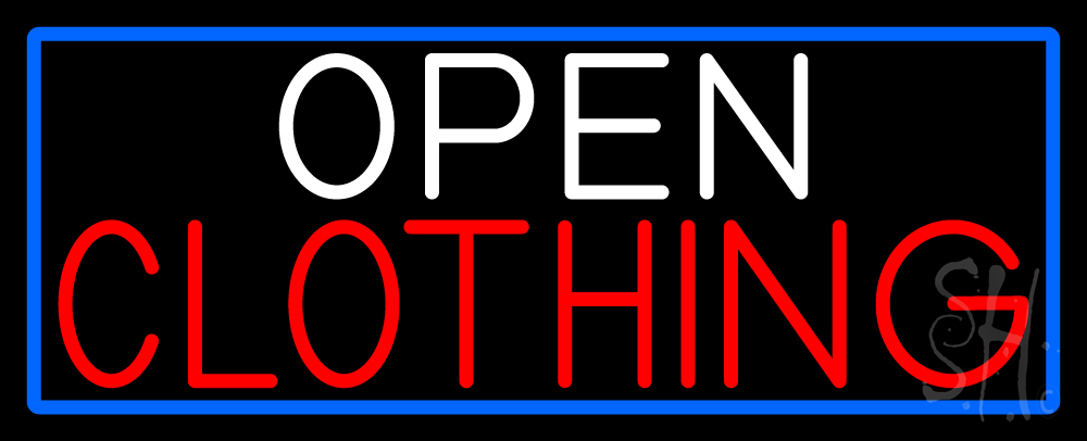 Open Clothing with Blue Border Clear Backing Neon Sign - White, Red & Blue - 13 in. Tall x 32 in. Wide