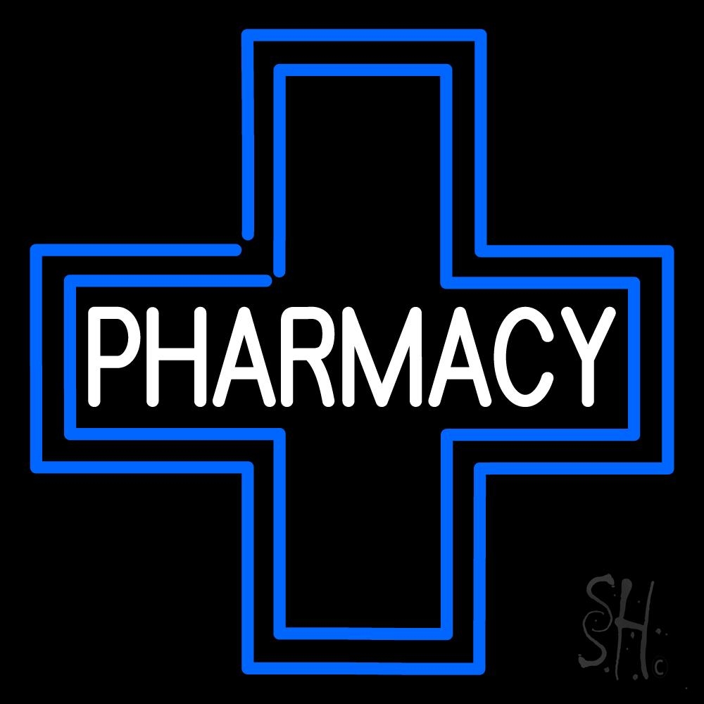 N105-2381-clear Pharmacy Inside Plus Logo Clear Backing Neon Sign - Blue & White - 24 in. Tall x 24 in. Wide
