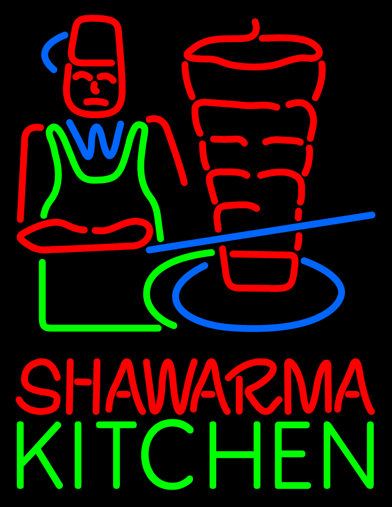 N105-2418-clear Shawarma Kitchen Logo Clear Backing Neon Sign - Blue, Red & Green - 24 in. Tall x 31 in. Wide