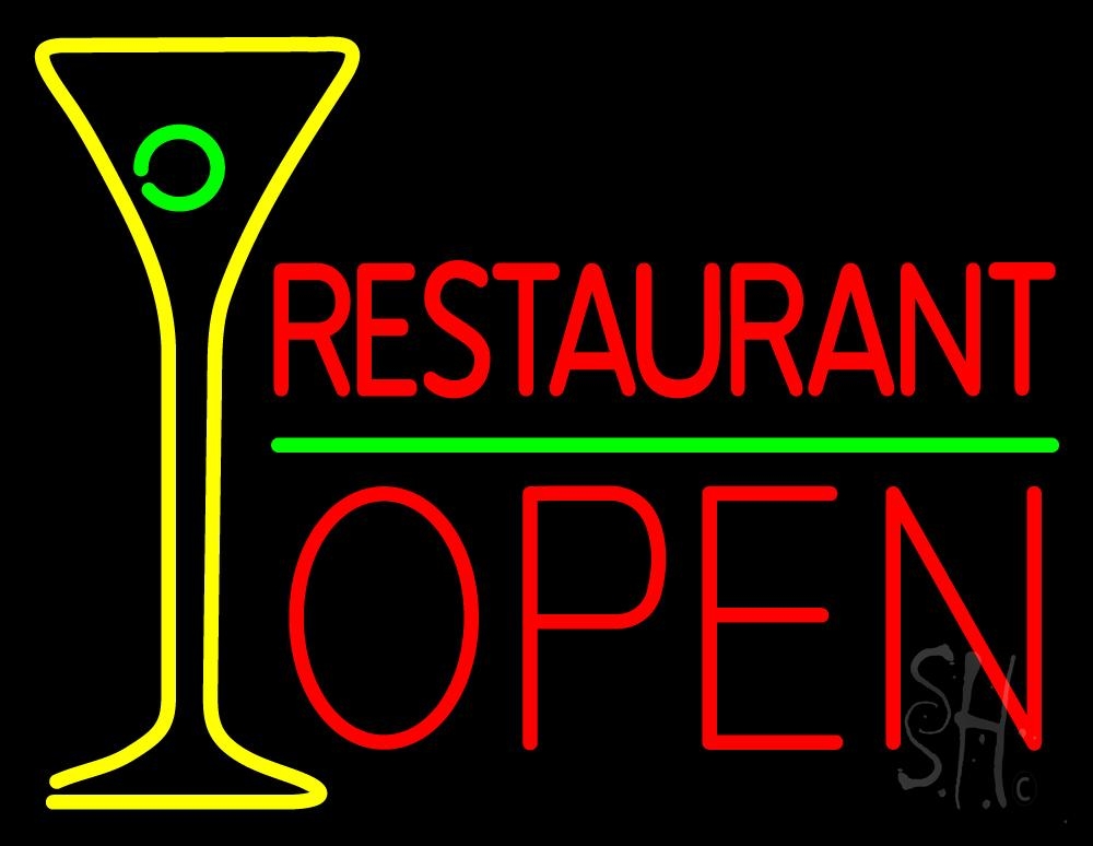 N105-3187-clear Restaurant with Martini Glass Open Clear Backing Neon Sign - Yellow, Red & Green - 24 in. Tall x 31 in. Wide