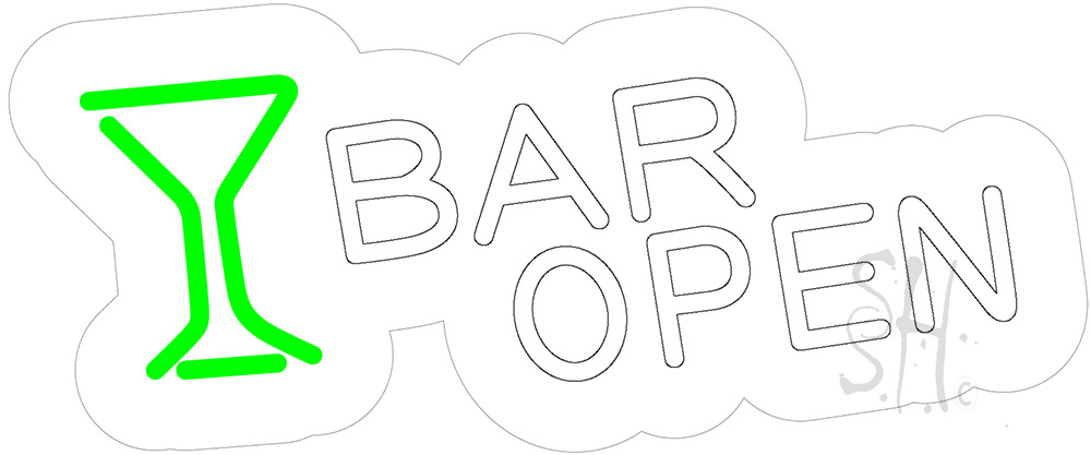N105-14985-clear Bar Open with Wine Glass Contoured Clear Backing Clear Backing Neon Sign - Green & White - 10 in. Tall x 24 in. Wide