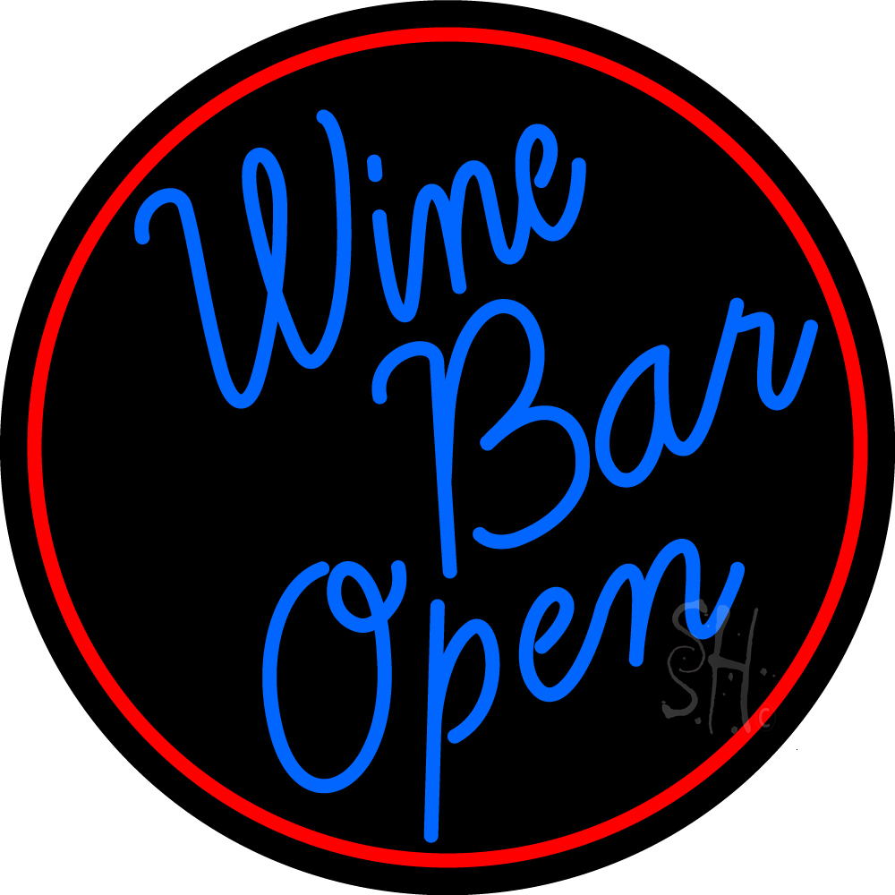 N105-15254-clear Cursive Blue Wine Bar Open Oval with Red Border Clear Backing Neon Sign - Red & Blue - 26 in. Tall x 26 in. Wide