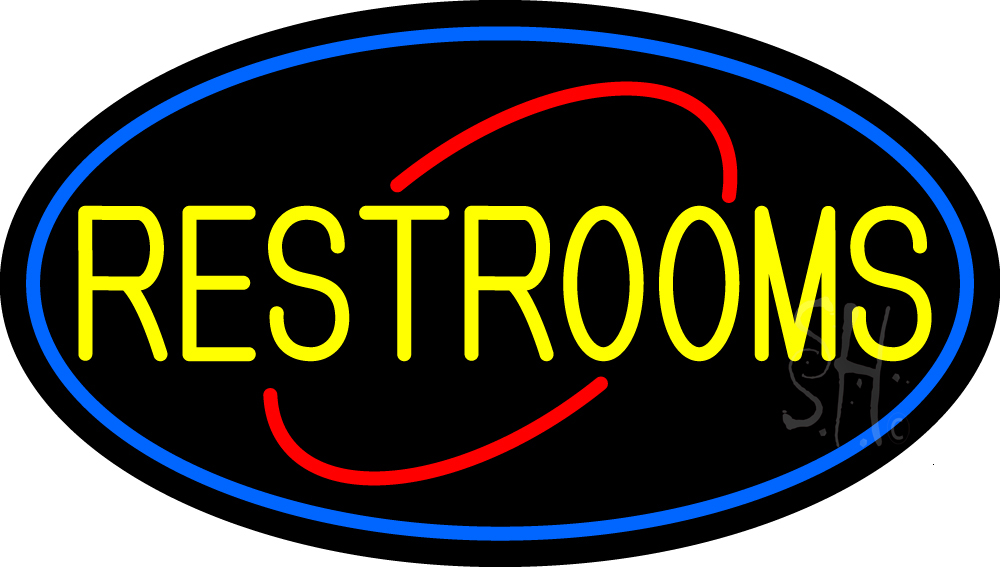 N105-15352-clear Decorative Restrooms Oval with Blue Border Clear Backing Neon Sign - Blue, Red & Yellow - 17 in. Tall x 30 in. Wide