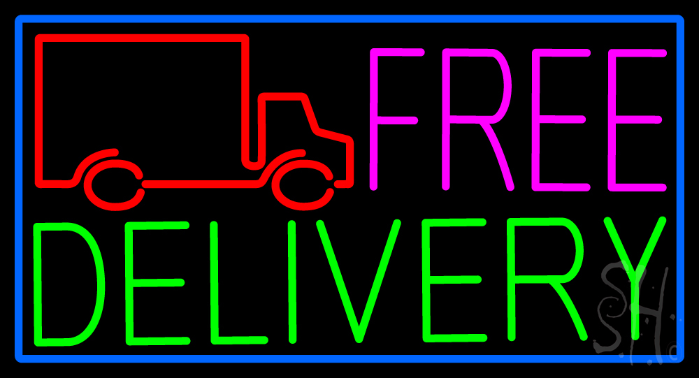 N105-15454-clear Free Delivery & Van with Blue Border Clear Backing Neon Sign - Blue, Red, Pink & Green - 20 in. Tall x 37 in. Wide