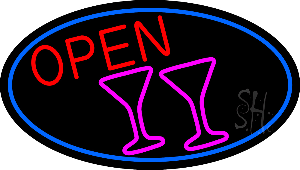 N105-15697-clear Martini Glass Open Oval with Blue Border Clear Backing Neon Sign - Blue, Red & Pink - 17 in. Tall x 30 in. Wide