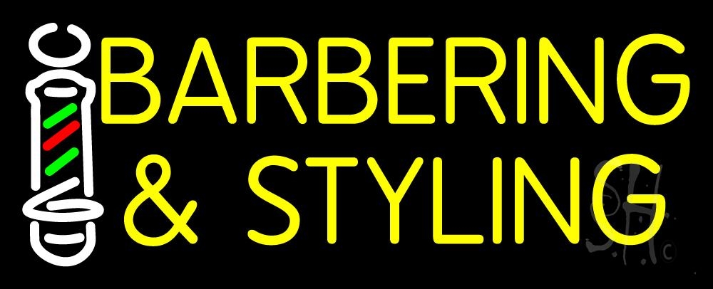 N105-1592-clear Barbering & Styling Clear Backing Neon Sign - Yellow, White, Red & Green - 13 in. Tall x 32 in. Wide