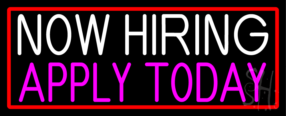 Now Hiring Apply Today with Red Border Clear Backing Neon Sign - Red, White & Pink - 13 in. Tall x 32 in. Wide