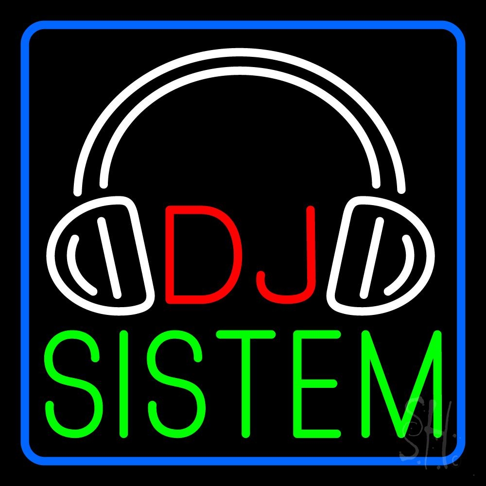 N105-7796-clear Dj Sistem with Logo 1 Clear Backing Neon Sign - Blue, Red, White & Green - 24 in. Tall x 24 in. Wide