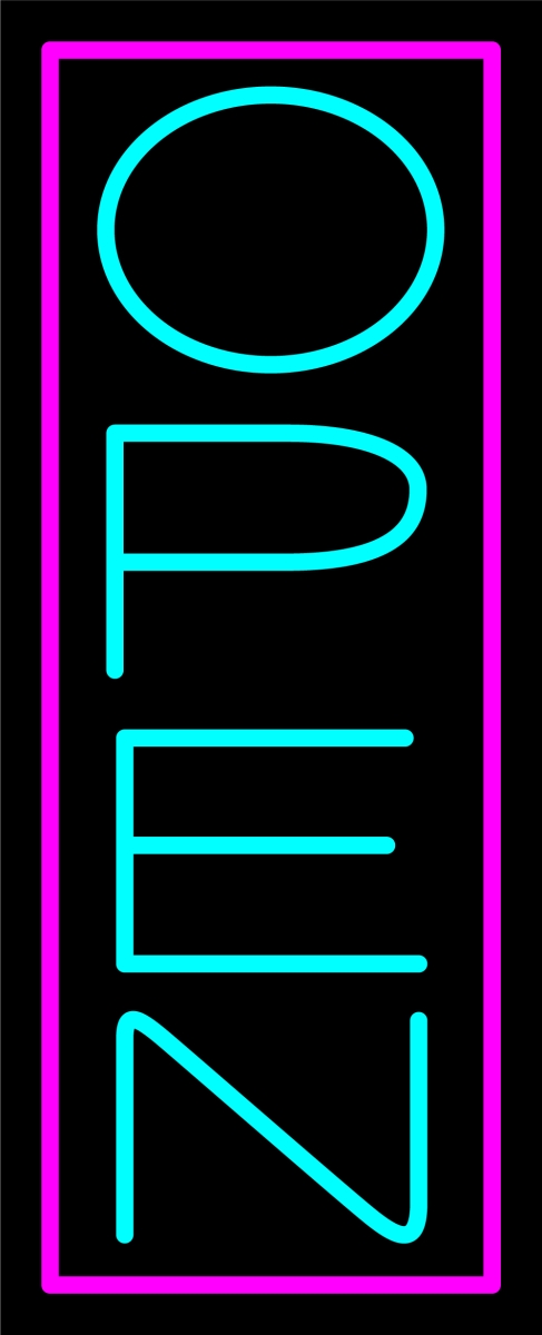 N100-06333-clear Aqua Open with Pink Border Vertical Clear Backing Neon Sign - Turquoise & Pink - 32 in. Tall x 13 in. Wide