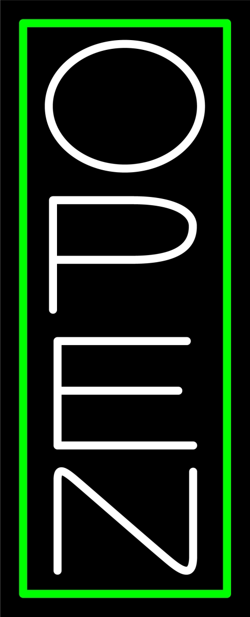 N100-06395-clear Green Border with White Vertical Open Clear Backing Neon Sign - Green & White - 24 in. Tall x 10 in. Wide