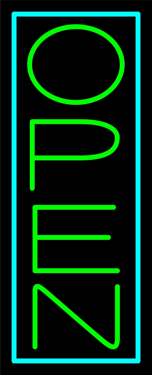 N100-06398-clear Green Open with Aqua Border Vertical Clear Backing Neon Sign - Green & Turquoise - 32 in. Tall x 13 in. Wide