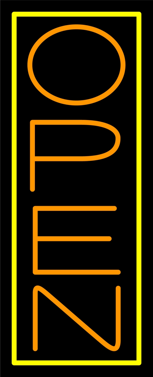 N100-06412-clear Orange Open with Yellow Border Vertical Clear Backing Neon Sign - Orange & Yellow - 32 in. Tall x 13 in. Wide