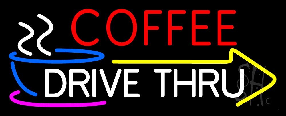 N105-1020-clear Coffee Drive Thru with Yellow Arrow Clear Backing Neon Sign - Multi Color - 13 in. Tall x 32 in. Wide