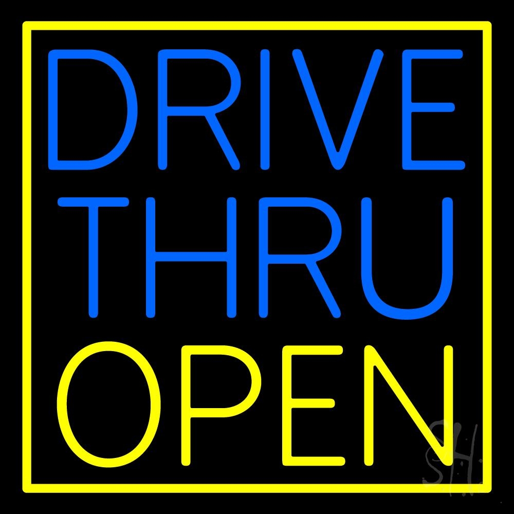 N105-1031-clear Drive Thru Open with Yellow Border Clear Backing Neon Sign - Yellow & Blue - 24 in. Tall x 24 in. Wide