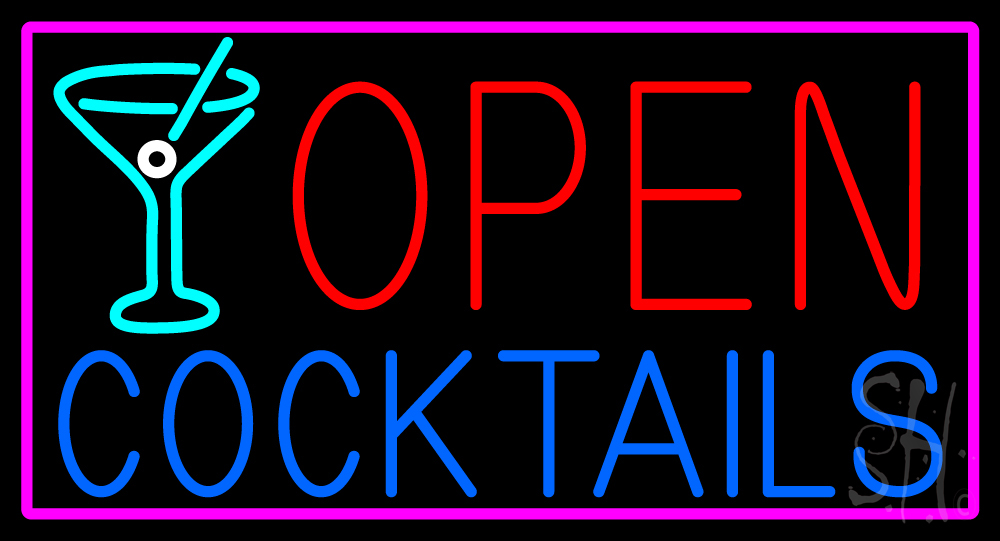 N105-15815-clear Open with Cocktail Glass Clear Backing Neon Sign - Multi Color - 20 in. Tall x 37 in. Wide