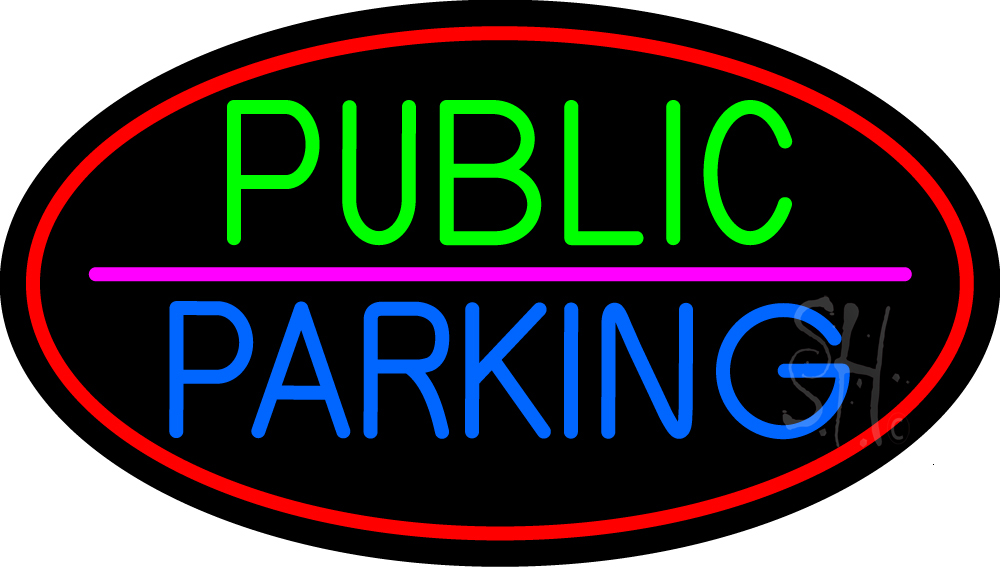 N105-15921-clear Public Parking Oval with Red Border Clear Backing Neon Sign - Red, Green, Blue & Pink - 17 in. Tall x 30 in. Wide