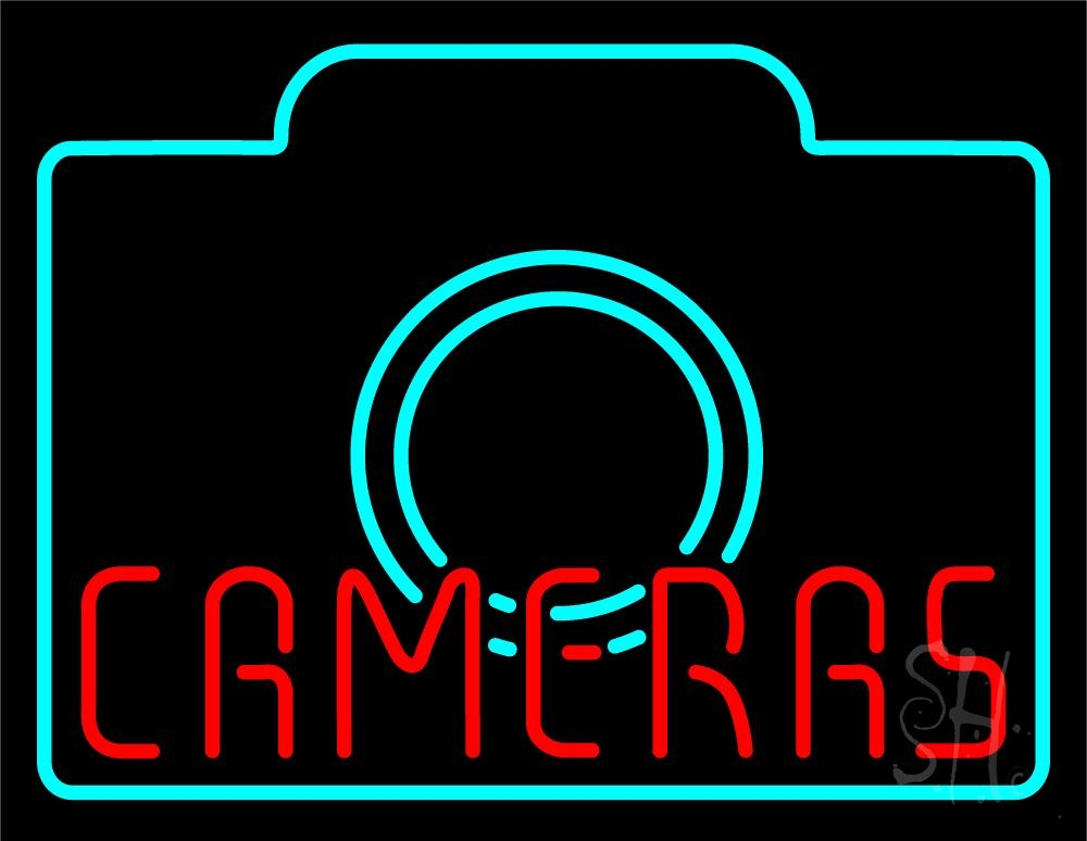 N105-5184-clear Cameras Turquoise Colored Clear Backing Neon Sign - Turquoise & Red - 24 in. Tall x 31 in. Wide