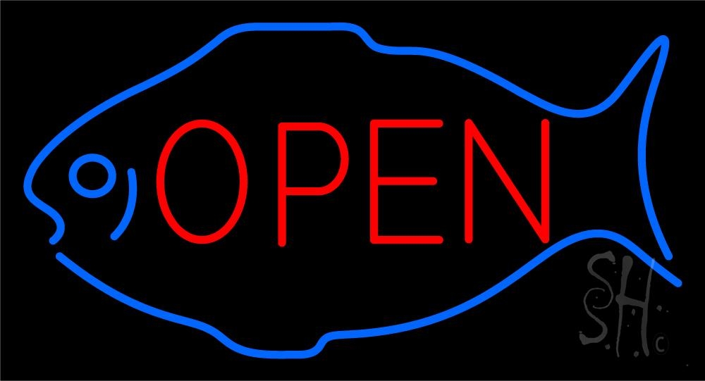 N105-5306-clear Fish Open Red 1 Clear Backing Neon Sign - Blue & Red - 20 in. Tall x 37 in. Wide