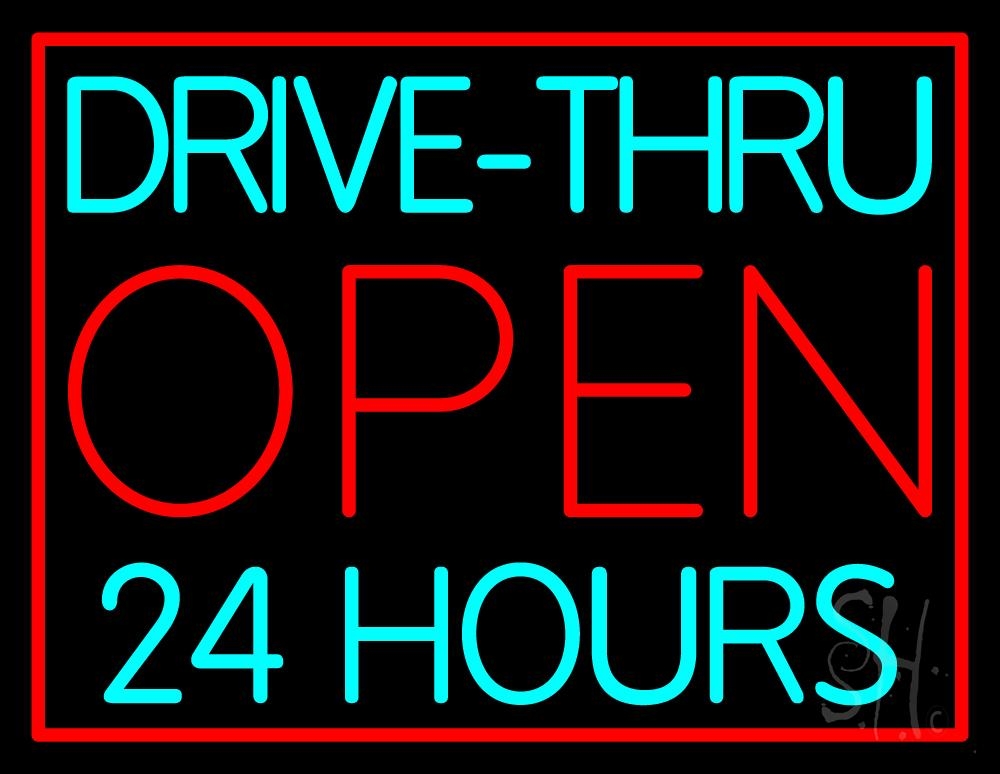 N105-1036-clear Drive Thru Red Open 24 Hours Clear Backing Neon Sign - Turquoise & Red - 24 in. Tall x 31 in. Wide