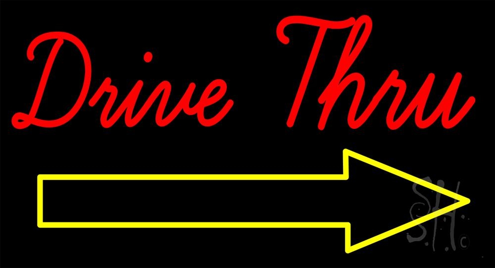 N105-1054-clear Red Double Stroke Drive Thru with Yellow Arrow Clear Backing Neon Sign - Red & Yellow - 20 in. Tall x 37 in. Wide