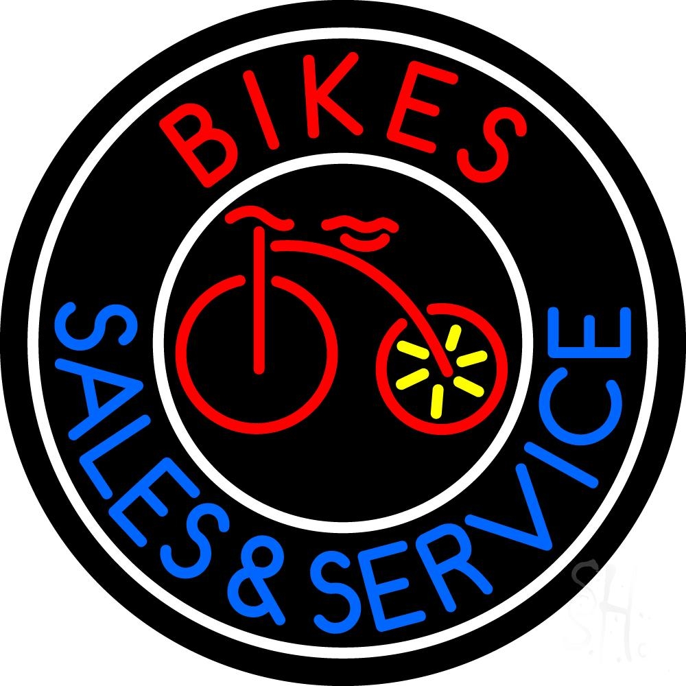 N105-6640-clear Red Bikes Blue Sales & Service Clear Backing Neon Sign - Red, Blue, Yellow & White - 26 in. Tall x 26 in. Wide
