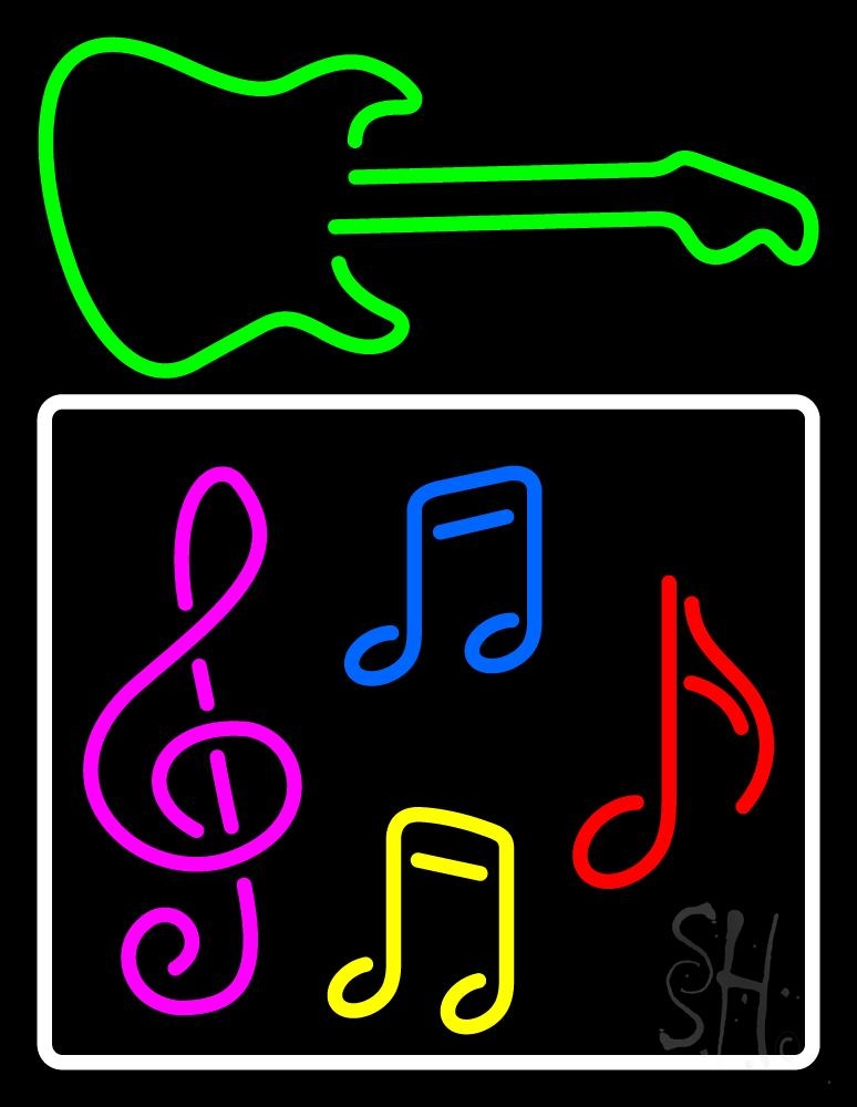 N105-7998-clear Musical Notes with Guitar Logo 2 Clear Backing Neon Sign - Multi Color - 31 in. Tall x 24 in. Wide