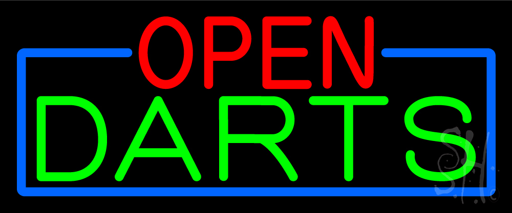 N105-15804-clear Open Darts with Blue Border Clear Backing Neon Sign - Red, Blue & Green - 10 in. Tall x 24 in. Wide