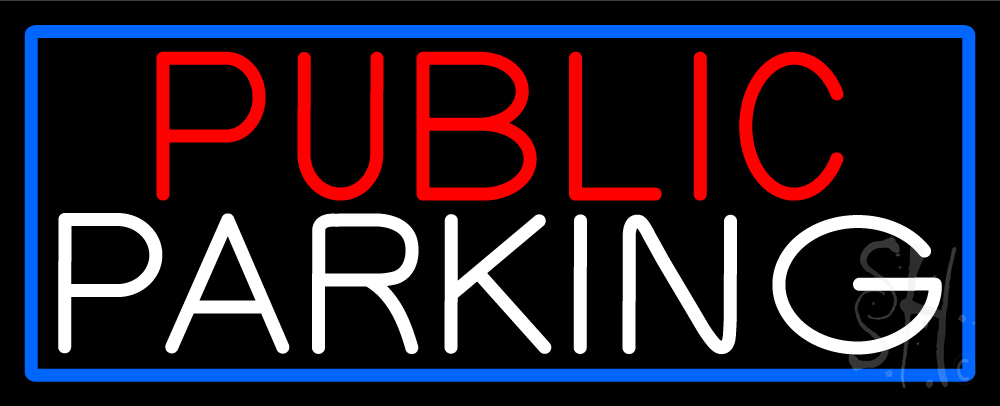 Public Parking with Blue Border Clear Backing Neon Sign - Blue, Red & White - 13 in. Tall x 32 in. Wide