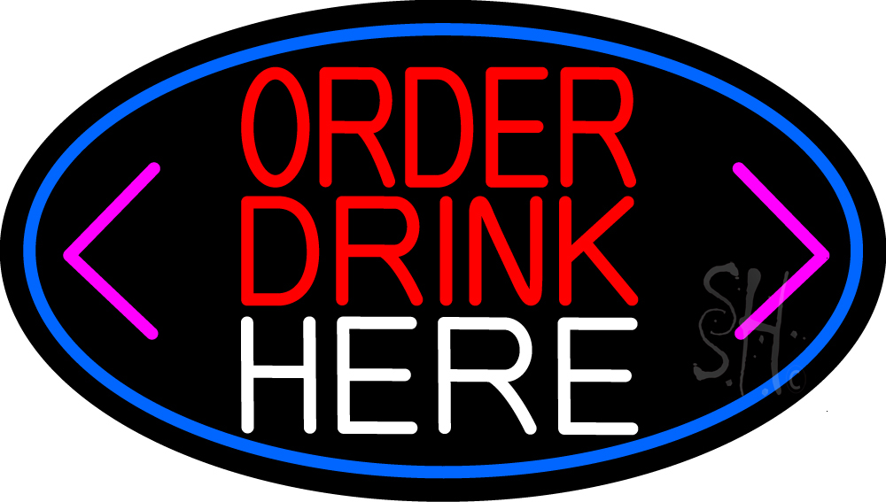 Order Drinks Here with Arrow Oval with Blue Border Clear Backing Neon Sign - Blue, Red, White & Pink - 17 in. Tall x 30 in. Wide