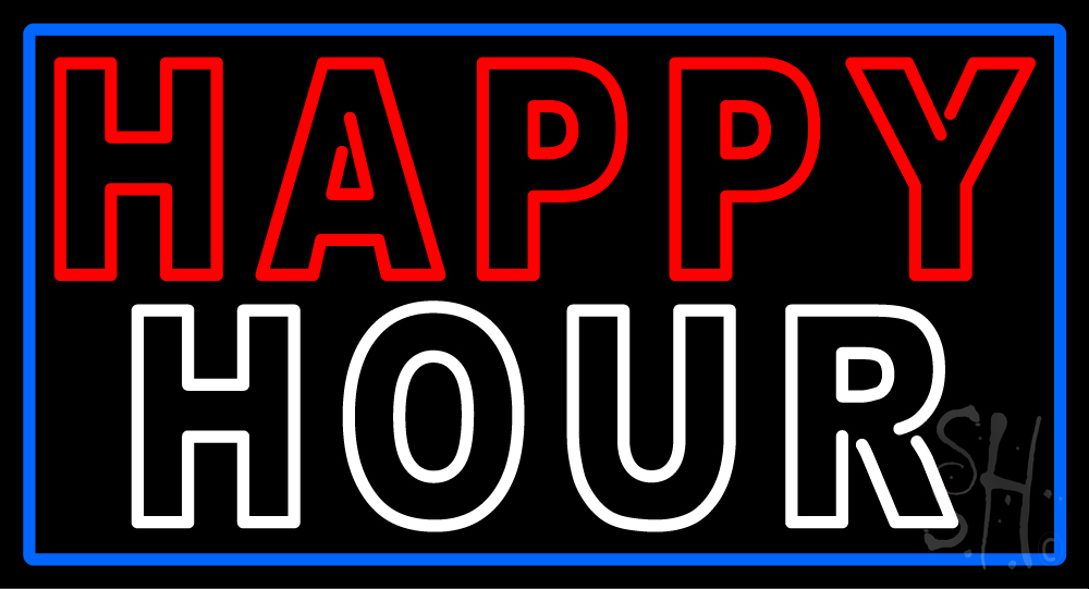 Double Stroke Happy Hour with Blue Border Clear Backing Neon Sign - Red, White & Blue - 20 in. Tall x 37 in. Wide