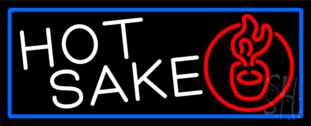 N105-15601-clear Hot Sake with Blue Border Clear Backing Neon Sign - Blue, Red & White - 13 in. Tall x 32 in. Wide
